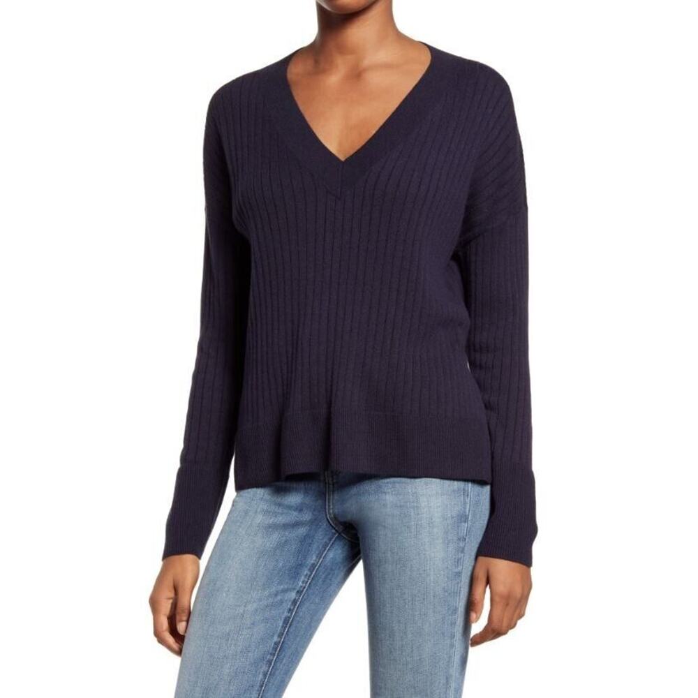 Treasureβ & Bond Women's Rib V-Neck Sweater in Navy Night Medium MSRP $59